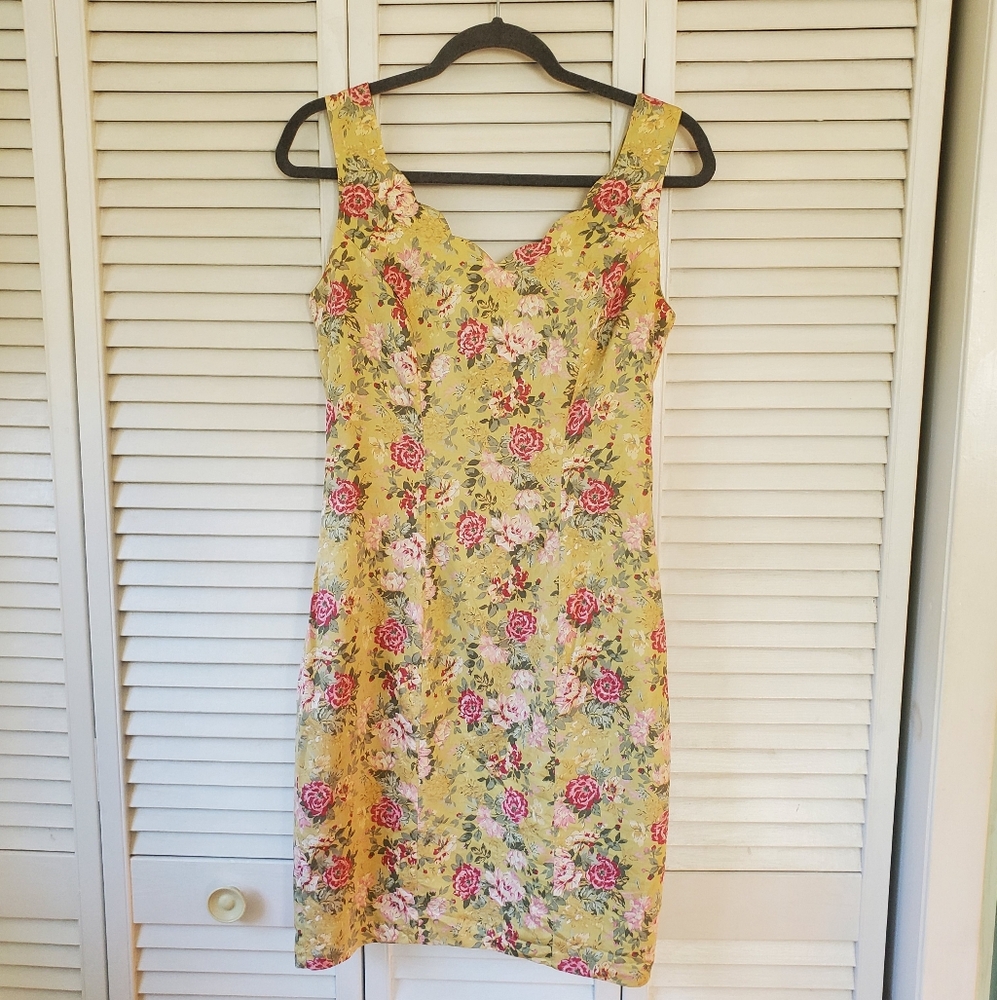 Laura Ashley Vintage '80s Yellow Green Floral Sheath Dress Cottagecore Women's 8